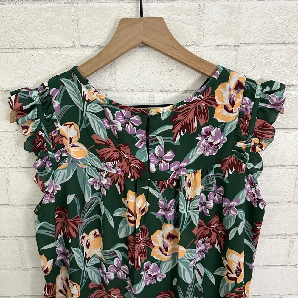 LOFT Green Flowered Ruffle Cap Sleeve Top - Picture 8 of 9
